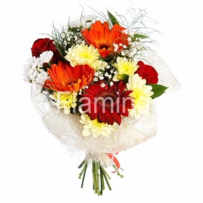 A bouquet of red roses and gerberas and white and yellow chrysanthemums