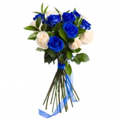 A bouquet of blue and white roses tied with a bow