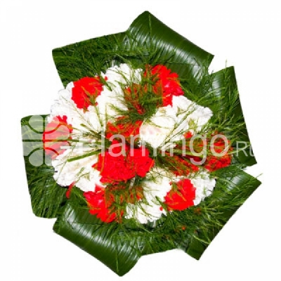 A round bouquet of red and white carnations with green fillers