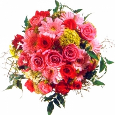 A eurobouquet of roses and gerbera daisies of bright colors