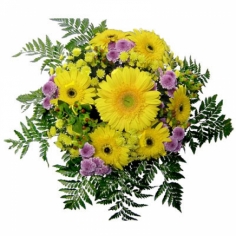 A bouquet of yellow gerbera daisies, yellow and purple chrysanthemums