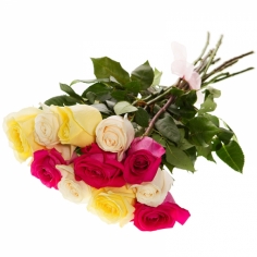 A bouquet of eleven multicolored roses tied with a bow