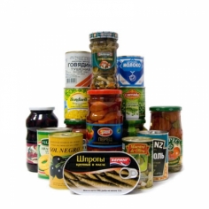 A set of canned food: stewed beef, sprats, condensed milk, fruit and vegetables