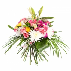 A bouquet of chrysanthemums, roses, carns and lilies in white and pink colors