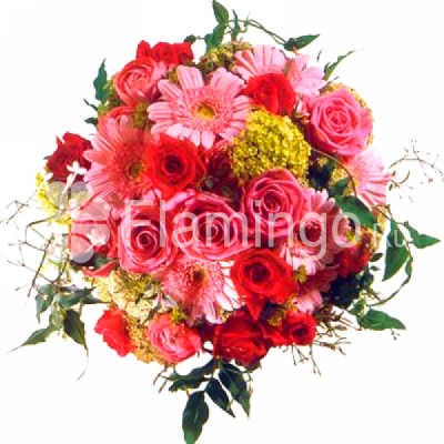 A eurobouquet of roses and gerbera daisies of bright colors