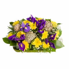 A composition of blue irises and yellow spray chrysanthemums