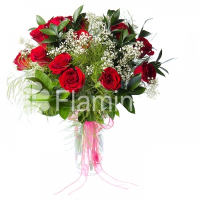 A bouquet of red roses with baby breath and  green fillers ‘Beauty’