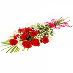 Nine red roses with green fillers tied with a bow