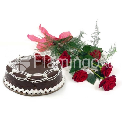 A chocolate cake and a bouquet of five roses