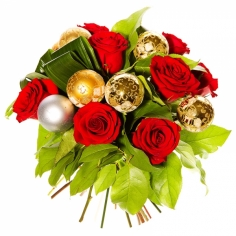 A composition of red roses, golden ball ornaments and green fillers