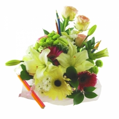 A composition of lilie, gerbera daisies, roses and chrysanthemums adorned by green fillers