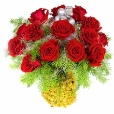 A bouquet of red roses with pine branches and New Year ornaments
