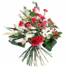 A bouquet of red and white roses, carnations and lilies