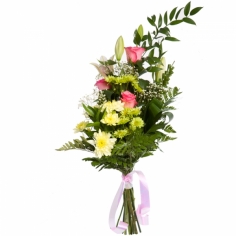 A long bouquet with roses, chrysanthemums, a white lily and green fillers