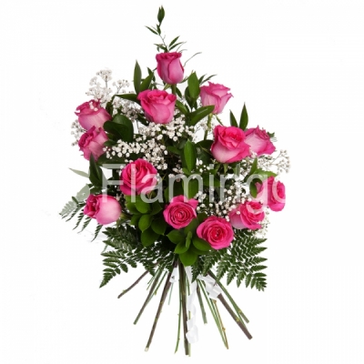 A bouquet of pink roses with green fillers