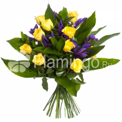 A bouquet of yellow roses and blue irises with green fillers