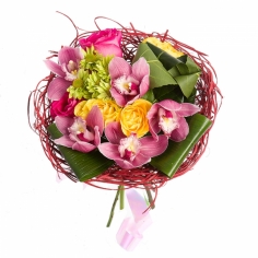 A round bouquet of orchids, roses and chrysanthemums