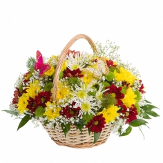 A basket of multicolored spray chrysanthemums and green fillers