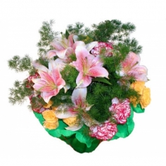 Lilies, roses and carnations nicely wrapped with green fillers