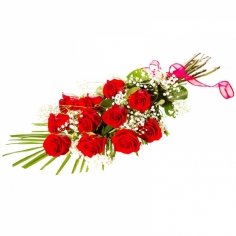 Eleven red roses with green fillers tied with a bow
