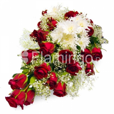 A bouquet of red roses and white spray chrysanthemums with baby breath