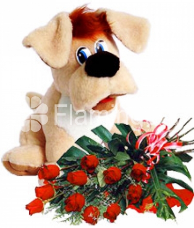 A plush doggy and a bouquet of red roses with green fillers