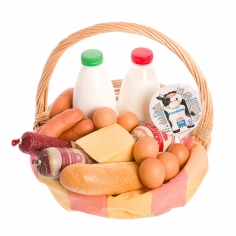 A basket of eggs, milk and meat products