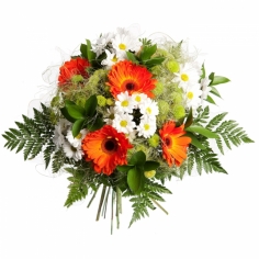 A bouquet of orange gerbera daisies, white and green chrysanthemums and green fillers