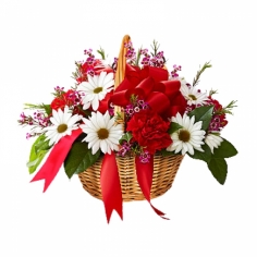 A basket with white chrysanthemums and bright red carnations