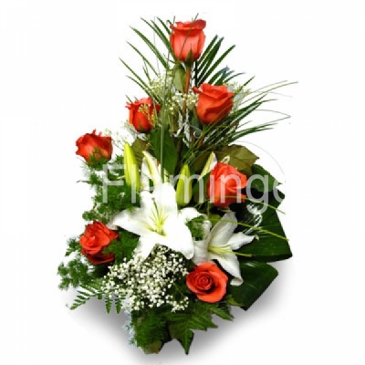 A bouquet of orange roses and white lilies with green fillers