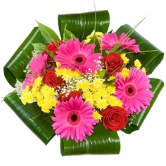 A bouquet of crimson gerberas, red roses and yellow spray chrysanthemums with green fillers