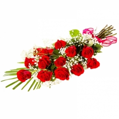 Thirteen red roses with green fillers tied with a bow