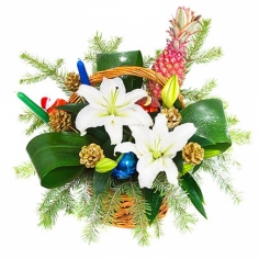 A New Year basket with flowers, pine branches, pineapple and candles