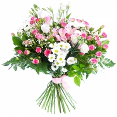 A bouquet of spray roses and chrysanthemums with seasonal greens