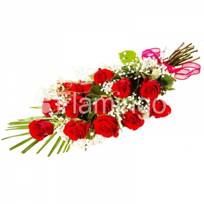 Thirteen red roses with green fillers tied with a bow