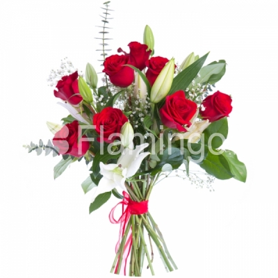 A bouquet of red roses with white lilies and green fillers