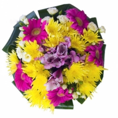 Crimson gerberas and yellow chrysanthemums in a tight round bouquet