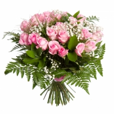 Light pink roses arranged with baby breath and green fillers
