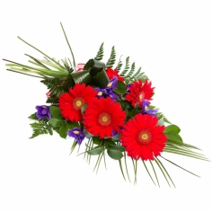Red gerbera daisies arranged with blue irises and green fillers