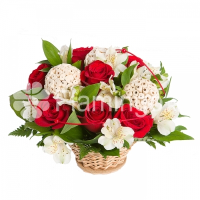 Red roses and white parrot flowers arranged in a basket with green fillers
