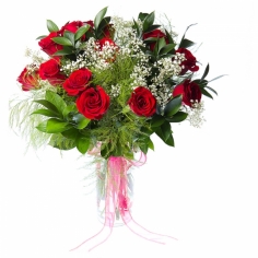 A bouquet of red roses with baby breath and  green fillers ‘Beauty’