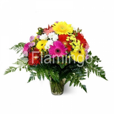 A bright bouquet of multicolored gerbera daisies and chrysathemums with green fillers