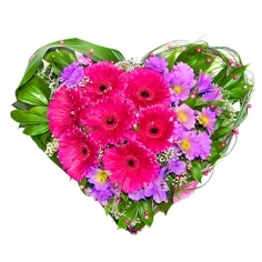 A heart-shaped composition of crimson gerberas and purple chrysanthemums 