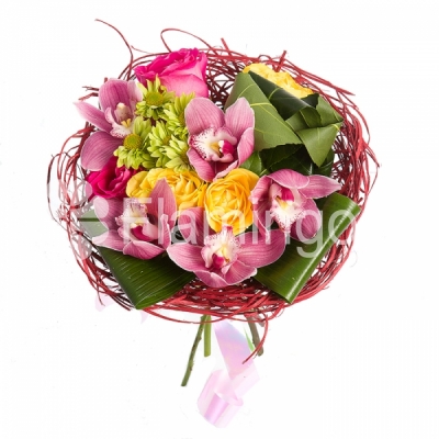 A round bouquet of orchids, roses and chrysanthemums