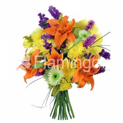 A bouquet of orange lilies, yellow and white chrysanthemums and green fillers