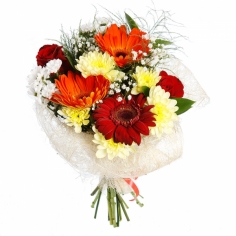 A bouquet of red roses and gerberas and white and yellow chrysanthemums