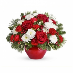 A composition of red roses and carnations, white chrysanthemums and pine branches ‘Flower Christmas’