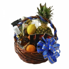 A basket of quality whiskey, coffee, chocolate and fruit