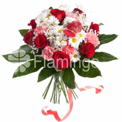 A bouquet of roses, carnations and chrysanthemums