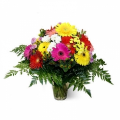 A bright bouquet of multicolored gerbera daisies and chrysathemums with green fillers